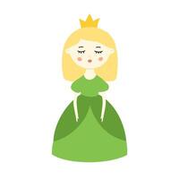 Princess icon clip art illustration isolated on white background. Scalable Flat design cartoon scalable element. White girl with blond hairs, green dress and crown. vector