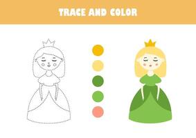 Coloring page for kids. Princess illustration. Trace and color preschool activity vector