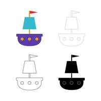 Cartoon ship sailboat set isolated. Color, black silhouette, outline contour and dashed line icons. vector