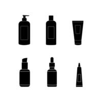 productos cosméticos contenedores botellas negro silueta íconos conjunto colección aislado en blanco antecedentes. vector