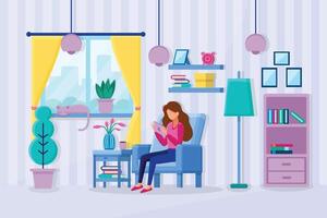 The girl is sitting in a chair with a tablet. Freelancer, Remote work. Home office. vector