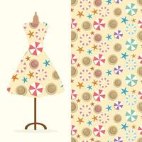 Womens long dress mock up with bright seamless hand drawn pattern for textile, paper print. vector