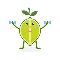 Cute lime cartoon character doing exercises with dumbbells. Eating healthy and fitness. illustration isolated on background. vector