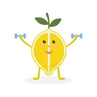 Cute happy funny lemon fruit with dumbbells. cartoon character illustration icon design.Isolated on white background vector