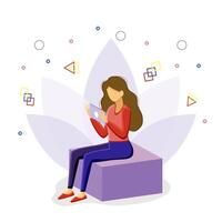 the girl is sitting on a cube with a tablet. vector