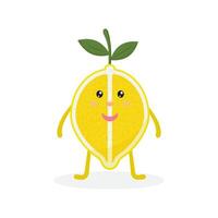 Cheerful smiling lemon with handles and legs, white background, green leaves. vector