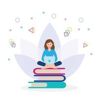 The girl is sitting on a stack of books with a laptop in her hands. Illustration of the concept of e-learning, distance learning and self-education. vector