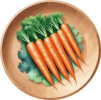 watercolor fresh baby carrots in a wooden dish isolated cartoon illustration, design clipart for cooking, healthy food recipes, ingredients, vegetarian, nutrition, organic farm, antioxidant png