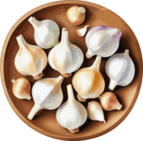 acquerello garlics nel di legno piatto isolato cartone animato clipart , design elemento per cucinando, Spezia, Salute, verdura, ingredienti, vegetariano, nutrizione, organico, ricette, medicinale pianta, etichetta png