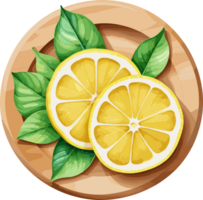 Fresh lemon slices in a wooden dish isolated cartoon illustration on transparent background, design element for cooking, essential ingredients, healthy food recipes, vegetarian, sour taste png