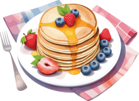 Watercolor delicious fluffy pancakes and berry fruits and syrup set, isolated food clipart, design element for quick breakfast idea, food, easy cooking, brunch, children, nutrient, homemade recipe png