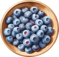 watercolor fresh Blueberries in a wooden bowl isolated illustration on transparent background, design element for fruit, healthy food, vegetarian, ingredients, organic, antioxidant, organic, sale png