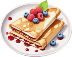 Watercolor style of delicious crepes with berry fruits and sauce, isolated clipart , design element for quick healthy breakfast idea, food, easy cooking, brunch, dessert, nutrients, homemade recipe png