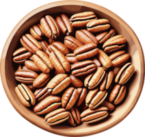 vattenfärg styled pekannöt nötter i en trä- skål isolerat illustration, design element för matlagning, friska mat, Ingredienser, vegetarian, näring, organisk odla, kolhydrater, antioxidant, ClipArt png