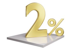 two percent discount . percentage discount sign . 3D golden percentage sign png