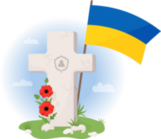 Grave cross with Ukrainian flag and bouquet red poppies png