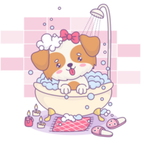 Dog girl bathes in bath with foam in shower png