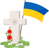 Grave cross with Ukrainian flag and bouquet red poppies png