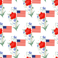 Seamless pattern Memorial Day. American flag with bouquet flowers png