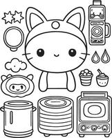 de hogar accesorios, kawaii, dibujos animados caracteres, linda líneas y colores, colorante paginas vector