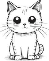 Cute cartoon cat character, line drawings and colorful coloring pages. vector