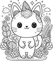 linda dibujos animados gato personaje, línea dibujos y vistoso colorante paginas vector