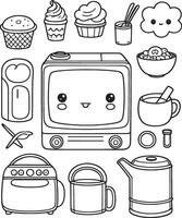 Household items, kawaii, cartoon characters, cute lines and colors, coloring pages vector