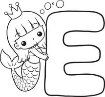 Font E Mermaid cute cartoon characters, lines and colorful coloring pages. vector