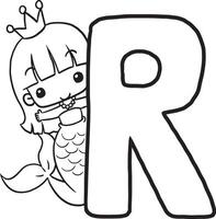 Font R Mermaid cute cartoon characters, lines and colorful coloring pages. vector