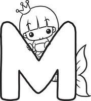 Font M Mermaid cute cartoon characters, lines and colorful coloring pages. vector