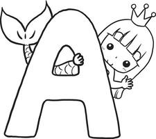 Font A Mermaid cute cartoon characters, lines and colorful coloring pages. vector