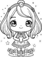 Kawaii girl, cute cartoon character, lines and colors, coloring page vector