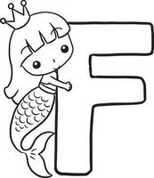Font F Mermaid cute cartoon characters, lines and colorful coloring pages. vector