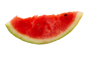 Red ripe watermelon with green rind, cut into pieces of different sizes with black seeds without background. Professional studio macro photography png