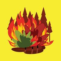 plano estilo ilustración de hoguera con bosque en el antecedentes. grande y grande fuego ilustración diseño. fuego antecedentes elemento. fuego elemento antecedentes para tu diseño vector