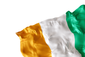 Realistic flag of Ivory Coast with folds, on transparent background. Footer, corner design element. Cut out. Perfect for patriotic themes or national event promotions. Empty, copy space. 3D render. png