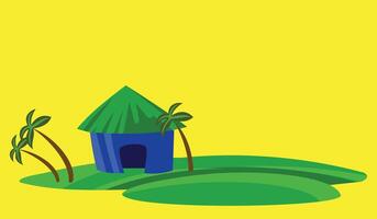 Illustration of a house with a palm tree on a yellow background. Illustration background involving fire elements of wooden houses on the coast. Design background elements vector