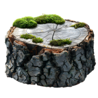 Tree stump with green wild forest moss all around it isolated. Stump with moss on top of it isolated. Forest tree stump png