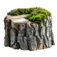 Tree stump with green wild forest moss all around it isolated. Stump with moss on top of it isolated. Forest tree stump png