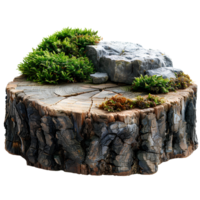 Tree stump with green wild forest moss all around it isolated. Stump with moss on top of it isolated. Forest tree stump png