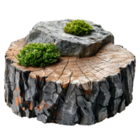 Tree stump with green wild forest moss all around it isolated. Stump with moss on top of it isolated. Forest tree stump png