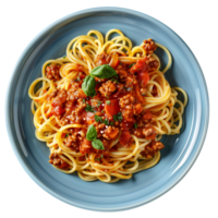 Spaghetti Bolognese isoliert. Spaghetti Bolognese auf Teller oben Sicht. Italienisch Küche mit gehackt Fleisch und Tomaten png