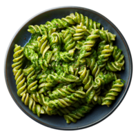 Green pasta on plate top view isolated. Pasta with green organic vegetable sauce flat lay. Green pasta with parmesan cheese isolated png