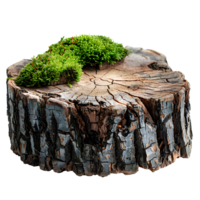 Tree stump with green wild forest moss all around it isolated. Stump with moss on top of it isolated. Forest tree stump png