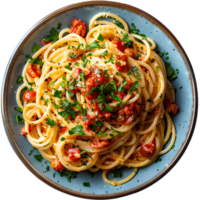 Spaghetti carbonara isolated. Spaghetti carbonara on plate top view isolated. Italian cuisine with tomato sauce png