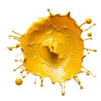 Drop of yellow paint isolated. Yellow liquid pigment splatter and explosion isolated. Yellow paint drop top view isolated png