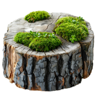 Tree stump with green wild forest moss all around it isolated. Stump with moss on top of it isolated. Forest tree stump png