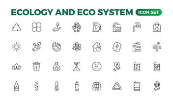 ecología icono colocar. Respetuoso del medio ambiente icono, naturaleza íconos colocar. lineal ecología iconos ambiental sustentabilidad sencillo símbolo. sencillo conjunto de línea iconos.global calentamiento, bosques, orgánico agricultura. vector