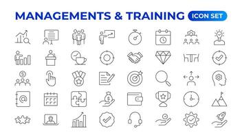 Business or organisation management icon set. Containing manager, teamwork, strategy, marketing, business, planning, training, employee icons. Solid icons collection. outline icon collection. vector