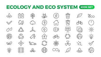 ecología icono colocar. Respetuoso del medio ambiente icono, naturaleza íconos colocar. lineal ecología iconos ambiental sustentabilidad sencillo símbolo. sencillo conjunto de línea iconos global calentamiento, bosques, orgánico agricultura. vector